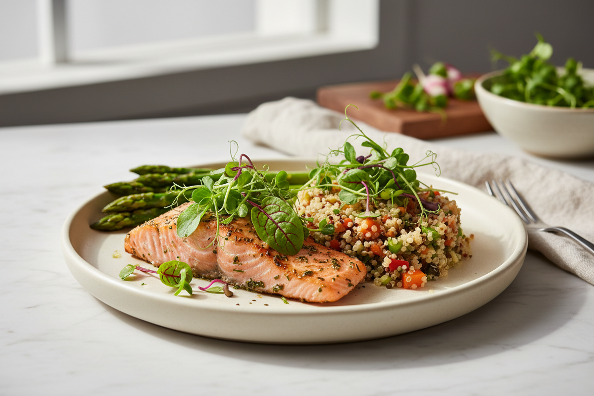 a healthy plate of food with microgreens on top